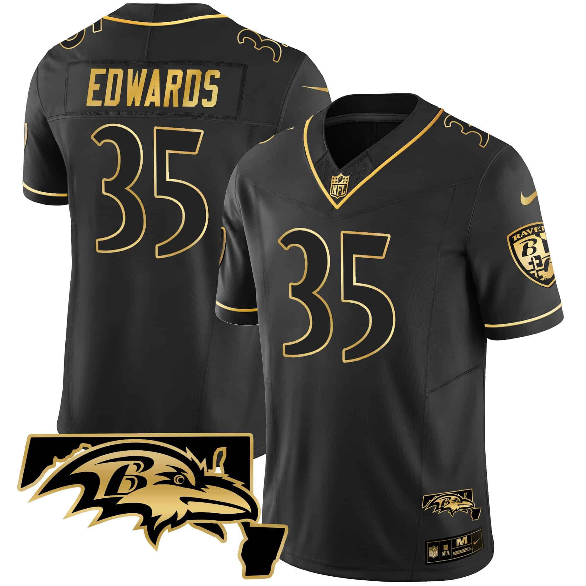 Men Baltimore Ravens #35 Edwards Black Gold 2024 Nike Maryland Patch Vapor Limited NFL Jersey style 2